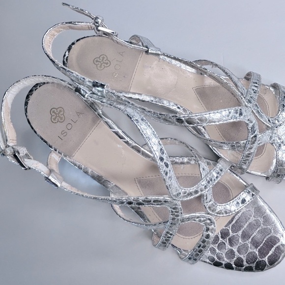 Isola‎ Fidelia Metallic Crocodile Silver 3” Wedge Strappy Heels Sandal Shoes 9 - Picture 10 of 17